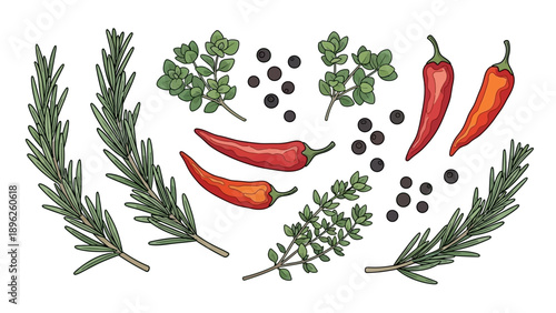 A vibrant arrangement of chili peppers, rosemary, and spices on a clean surface