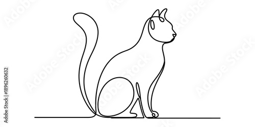 A simple continuous line art drawing of a cat sitting gracefully and looking to the side