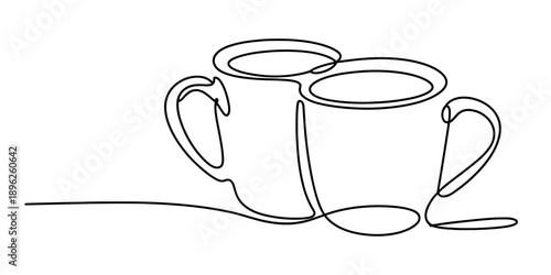 A modern continuous line art illustration of two coffee mugs standing next to each other.