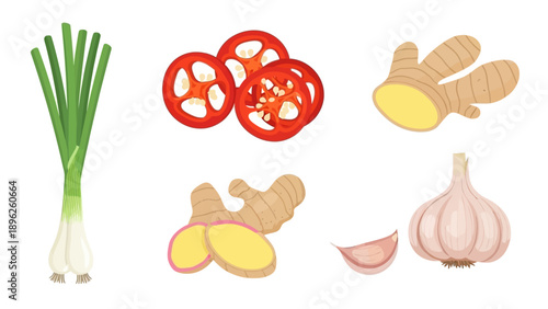 Assorted ingredients including ginger, chili, garlic, spring onion, and potatoes displayed on a white surface from a top view