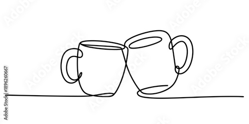 Minimalist continuous line art illustration of two mugs clinking together
