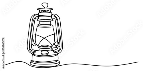 Single continuous line art drawing of a vintage kerosene lantern illustration