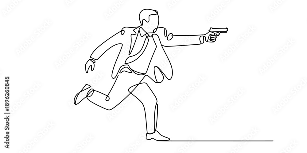 Obraz premium A continuous single line art drawing of a running man in a suit holding a gun, a concept of action.