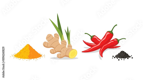 Assorted spices and ingredients including ginger, turmeric, chili peppers, and pepper arranged on a white surface