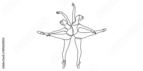 Minimalist single continuous line drawing capturing two elegant ballet dancers performing a graceful duet pose