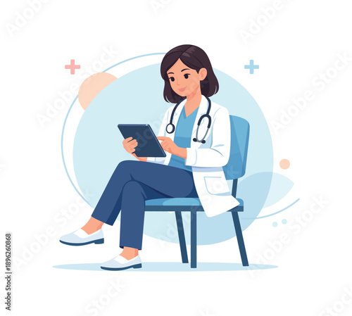 Doctor with tablet seated on chair in medical attire, flat vector illustration
