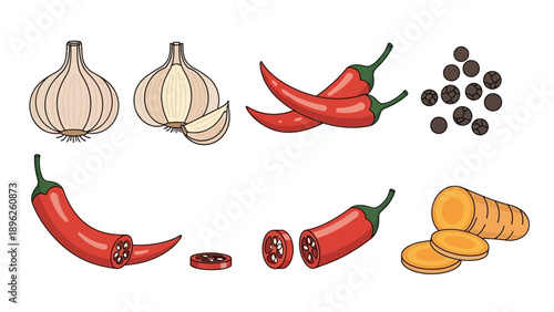 Assorted ingredients including chili peppers, garlic, and spices arranged neatly on a clean background