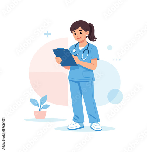 Nurse in blue scrubs holding clipboard, flat vector illustration