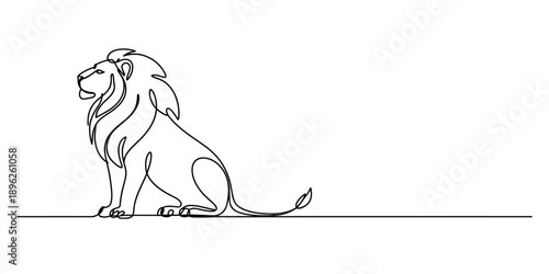 Continuous line art illustration depicting a majestic lion sitting and looking to the side