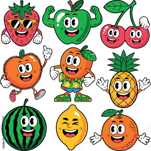 Create Fruit characters. Summer funky mascots. Cartoon retro juicy strawberry, apple, happy cherry, peach, pineapple, watermelon, lemon, orange. Comic food. Vector set on white Background