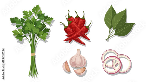 Fresh ingredients arranged neatly on a clean background showcasing parsley, chili peppers, leaves, garlic, and onions