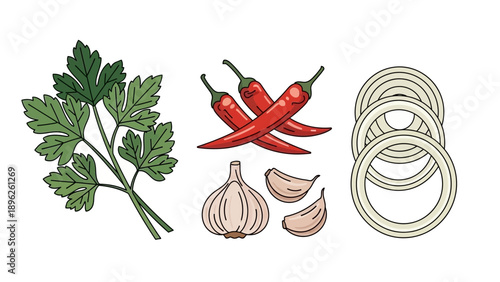 Fresh ingredients arranged together, featuring parsley, chili peppers, garlic, and noodles in a culinary display