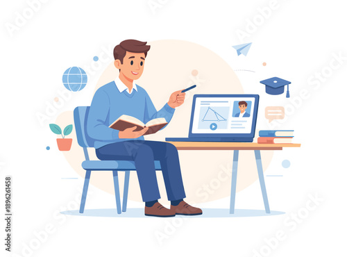 Man studying online with laptop and book, flat vector illustration