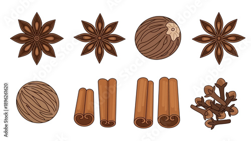 Assorted spices and seasonings including star anise, nutmeg, and cinnamon sticks arranged on a clean surface for culinary use.