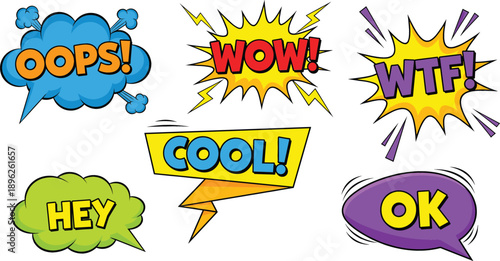 Set of colorful pop art comic book speech bubbles with expressions including Oops Wow WTF Cool Hey and OK flat vector illustration.