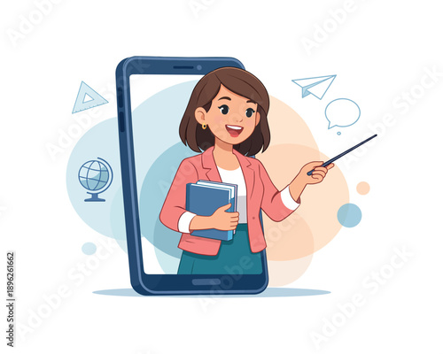 Woman teaching online through smartphone, flat vector illustration