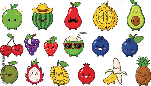 Large set of cute kawaii fruit characters with funny facial expressions including apple watermelon banana and tropical fruits flat vector illustration.