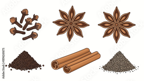 Assorted spices and seasonings arranged in a visually appealing pattern on a clean surface from a top-down viewpoint