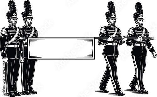 Royal guard soldiers holding blank banner, ceremonial uniform marching band illustration black silhouette vintage military parade design artwork