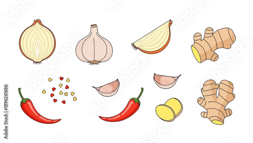 Assorted ingredients including onions, garlic, ginger, chili, and lemons arranged neatly on a clean white background from a top view