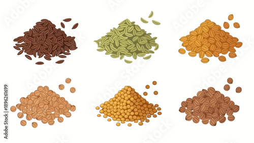 Assorted legumes and spices in various piles on a white surface viewed from directly above