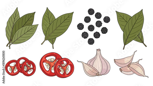 Assorted ingredients including leaves, peppercorns, peppers, garlic, and cloves arranged neatly for culinary preparation