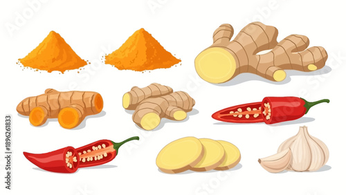 Assorted spices and ingredients displayed on a clean white surface