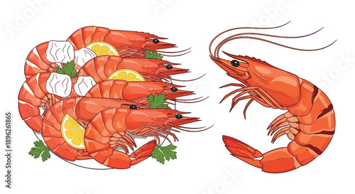 Illustration of cooked shrimp with lemon wedges and parsley garnish