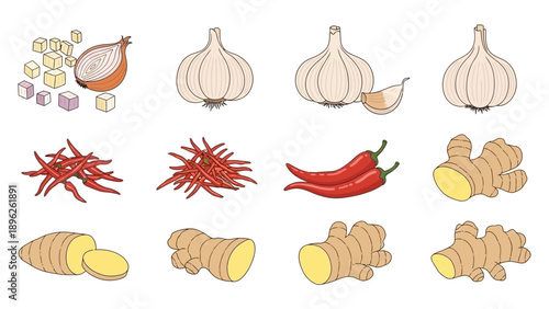 Assorted spices and ingredients including garlic, chili peppers, and ginger arranged neatly on a white background