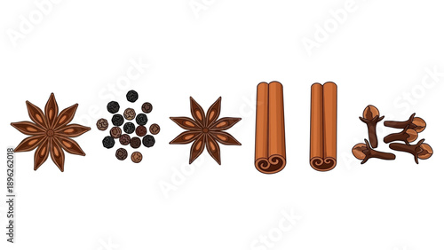 Assorted spices including star anise, peppercorns, and cinnamon sticks arranged on a plain background