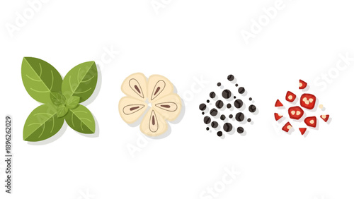 Fresh herbs, spices, and seasonings arranged neatly on a clean white surface, showcasing variety and culinary delights from above