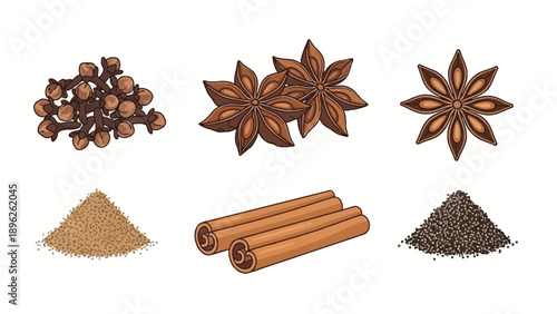 Assorted spices and ingredients displayed on a clean surface