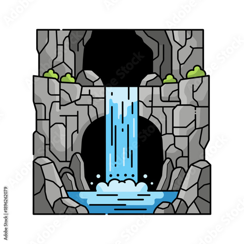 Stylized Waterfall in Rocky Cave. Flat Design Nature Vector Art.