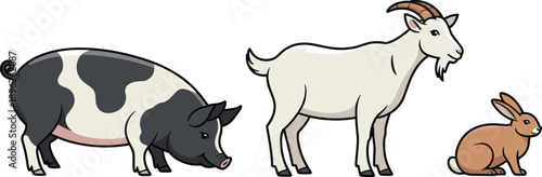 Farm animals pig goat rabbit isolated on white background, domestic livestock set, agriculture concept, realistic studio photo, high-quality detailed cutout