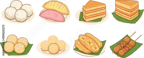 Traditional Asian Desserts and Snacks Set Including Rice Balls Layer Cakes Dumplings Fritters and Skewered Sweets Vector Illustration