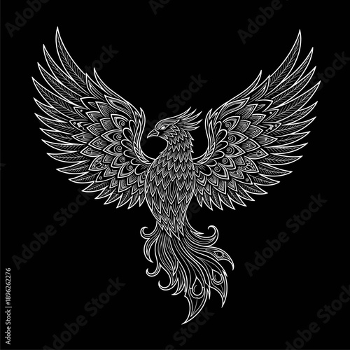 Majestic White Phoenix Bird Illustration. Intricate Mythical Creature with Detailed Outstretched Wings on Black.