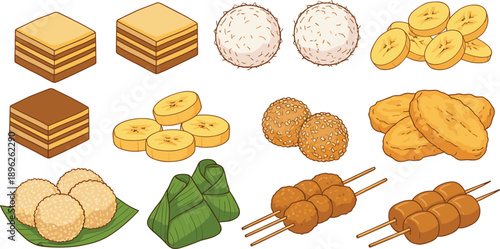 Traditional Asian Desserts and Snacks Set Including Layer Cakes Rice Balls Banana Fritters Skewers and Sweet Pastries Vector Illustration