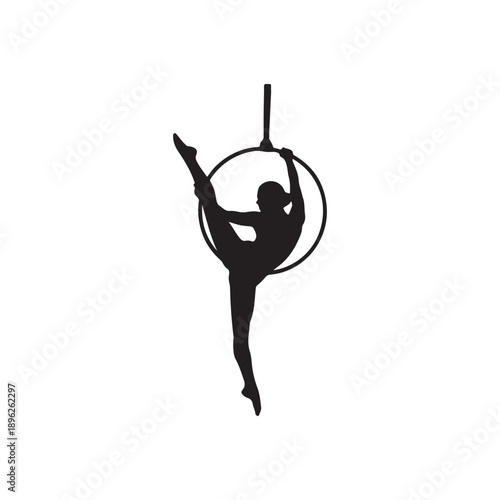 Silhouette woman doing some acrobatic elements aerial hoop on a white background