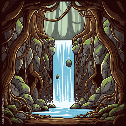 Stylized Forest Waterfall with Ancient Tree Roots and Rocky Landscape Illustration
