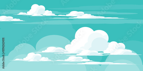 Illustration of a blue sky with white clouds in a flat style. Blue sky background and white clouds. Cartoon sky