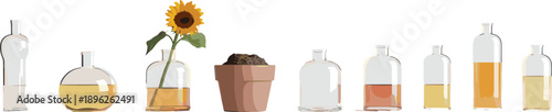 Glass bottles with sunflower, soil pot and natural oils isolated on white background, botanical skincare, herbal essence, eco wellness concept