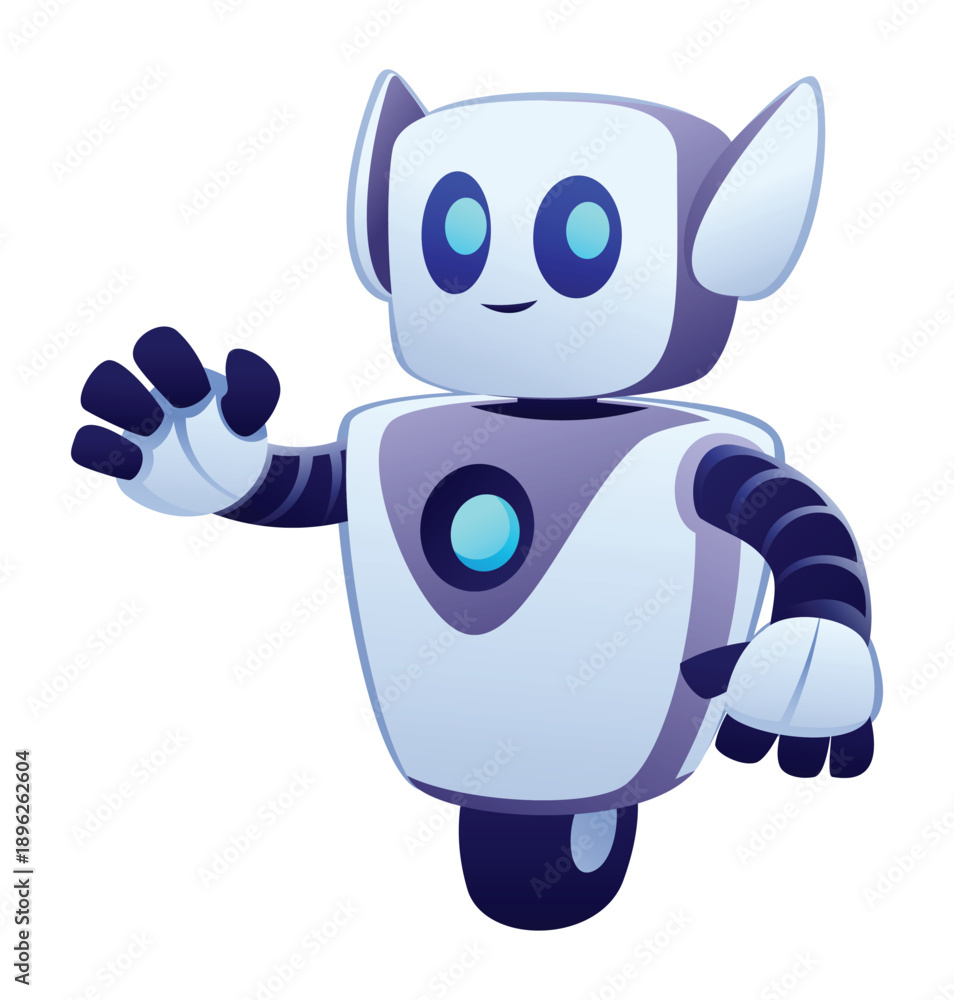 Obraz premium Happy white robot character with square head waving hand in a friendly greeting. Vector cartoon illustration