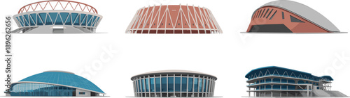 Modern stadium and arena architecture collection, futuristic sports venues, domed buildings, exterior perspectives, architectural vector illustrations, isolated on white background