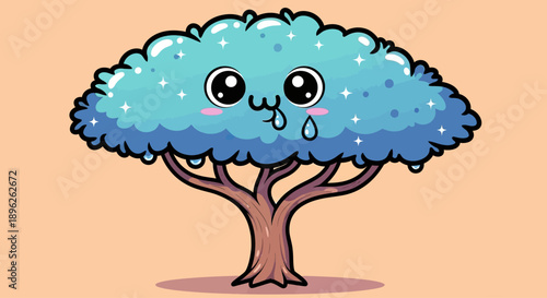Cute Sad Blue Tree with Sparkles and Tears