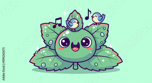 Cute Kawaii Mint Leaf Character with Singing Birds