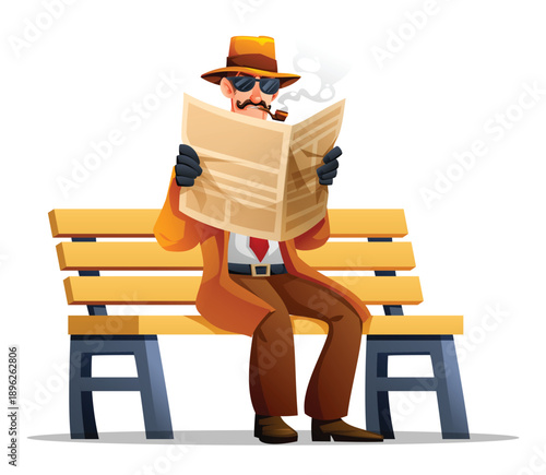 Undercover detective man sitting on park bench reading newspaper and smoking pipe. Vector cartoon illustration