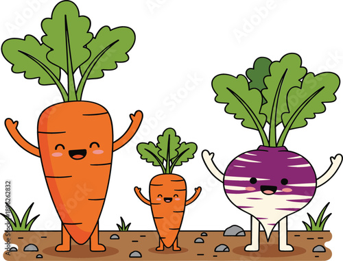 Cute vegetable family characters featuring two smiling orange carrots and a purple turnip with green leaves in a flat vector garden illustration.