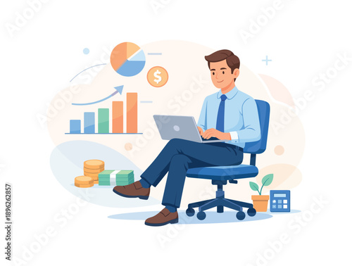 Businessman with laptop analyzing financial data, flat vector illustration