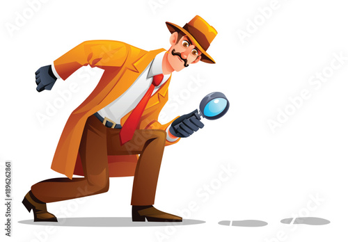 Professional detective man holding magnifying glass to inspect footprints on ground. Vector cartoon character illustration