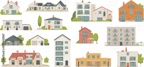 Residential house and apartment illustration collection, modern and traditional home facades, architectural styles, urban housing designs, isolated on white background